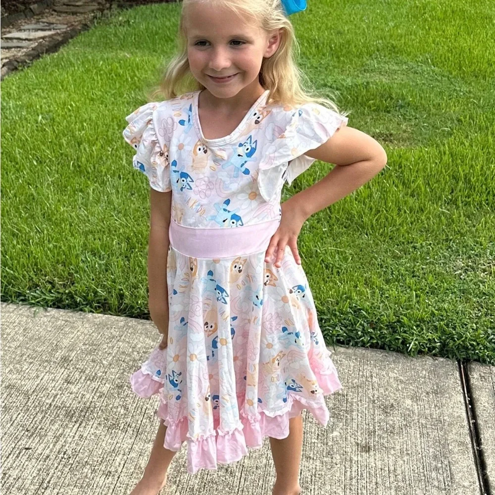 Bluey Bingo Ruffle Bow Back Twirl Girls Dress